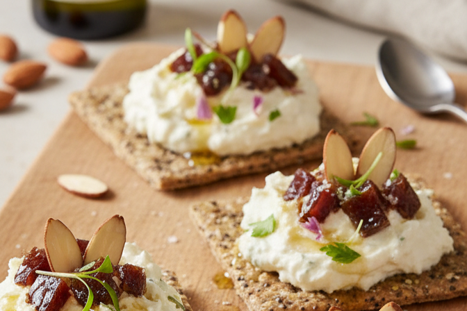 Crackers Topped with Savory Yogurt-Goat