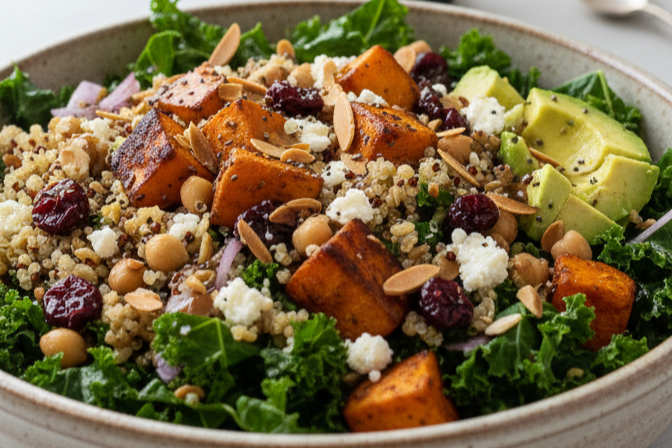 Sweetpotato Grain Bowl with Chia Oil-Balsamic Maple Vinaigrette